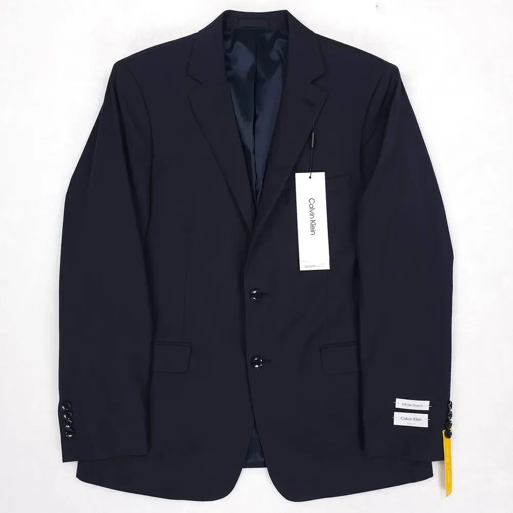Calvin Klein Mens Skinny Fit 2 Piece Suit 46R 38x32 Navy Blue Solid Stretch Wool